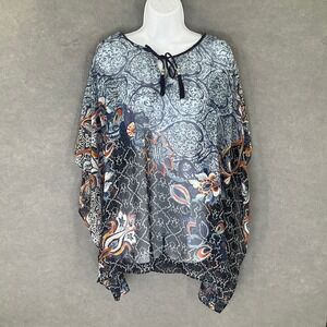 Chico's Poncho‎ Top Sz L/XL Blue Sheer Floral Paisley Tie Neck Flowy Lightweight